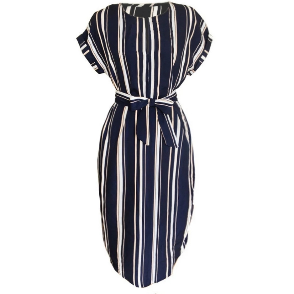 Geometric Navy White Striped Short Sleeve Striped